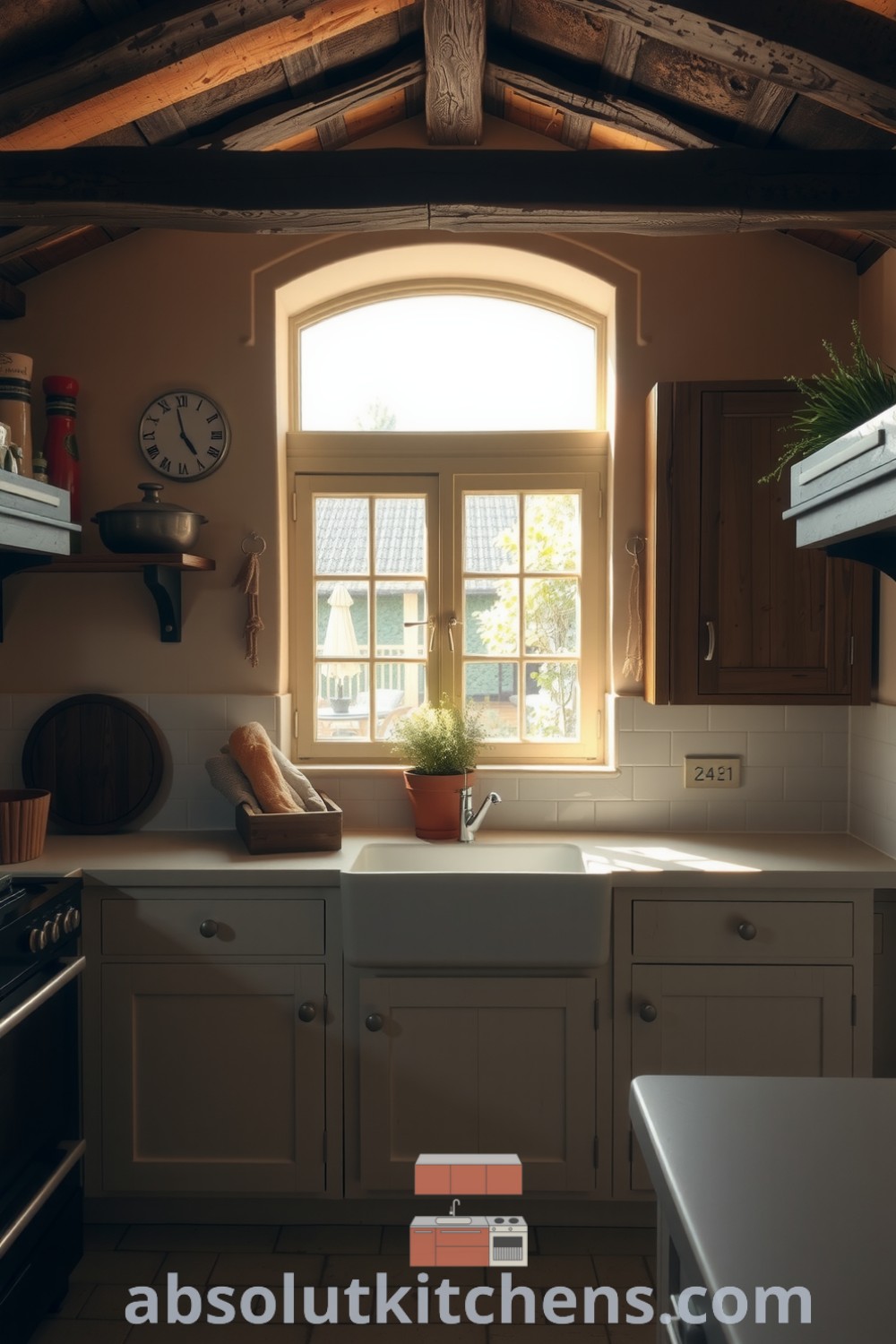 Cozy French kitchen with rustic wooden beams, exposed stone walls, and oak cabinetry, featuring a charming farmhouse sink and fresh herbs by the window, creating an inviting atmosphere perfect for culinary gatherings. Visit absolutkitchens.com for inspiring decor ideas for your home.
