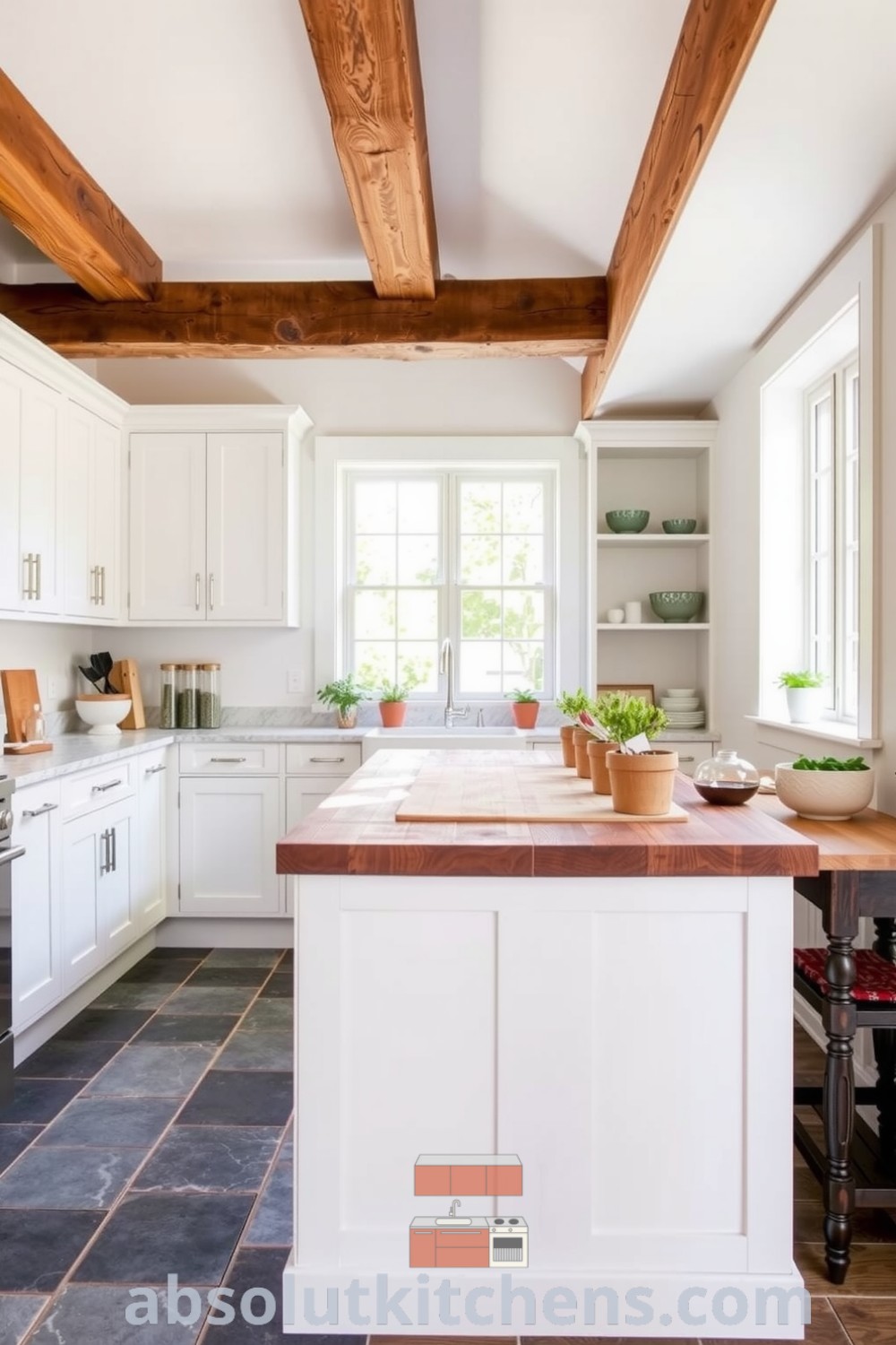 Cozy modern farmhouse kitchen featuring bright white cabinetry, reclaimed wood beams, a spacious island with a butcher block countertop, and potted herbs on the windowsill, creating a warm and inviting atmosphere for family gatherings. Visit absolutkitchens.com for unique ideas and design tips.