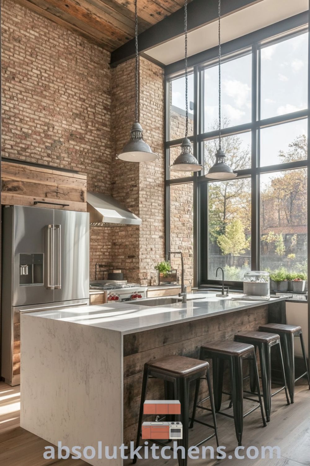 Stunning urban loft kitchen on absolutkitchens.com featuring exposed brick, modern lofts, loft kitchen design, and cozy aesthetic elements.
