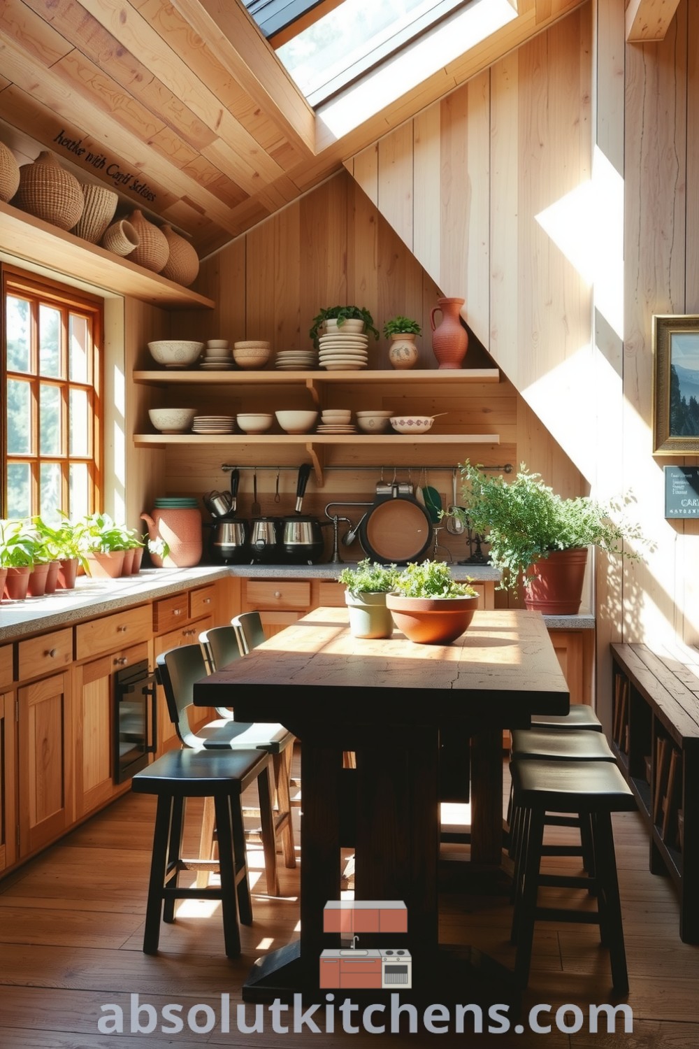 Cozy nature-inspired kitchen featuring sunlight streaming through a large window, light wood cabinetry, rugged stone countertops, potted herbs on the windowsill, and a rustic reclaimed wood dining table, showcasing design ideas for a warm and inviting home at absolutkitchens.com.