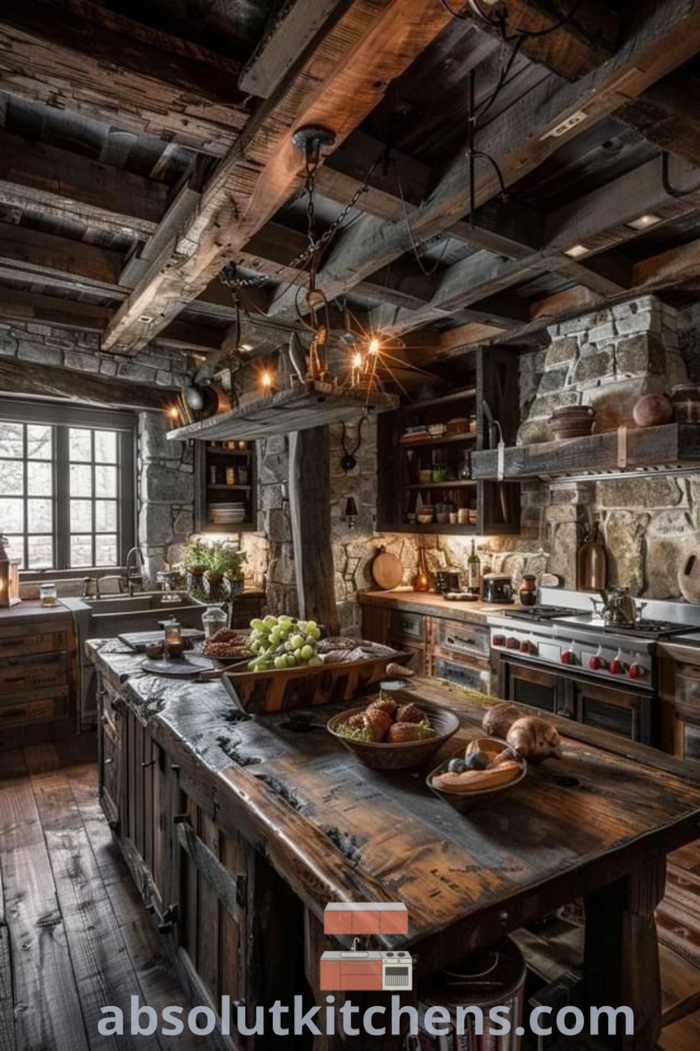 A rustic kitchen featuring wooden floors, exposed ceilings, and stone walls that reflect Viking cottage interior design. This cozy aesthetic offers inspiring decor ideas for small spaces while capturing the essence of a Viking style house. Explore more design trends and decor ideas at absolutkitchens.com.