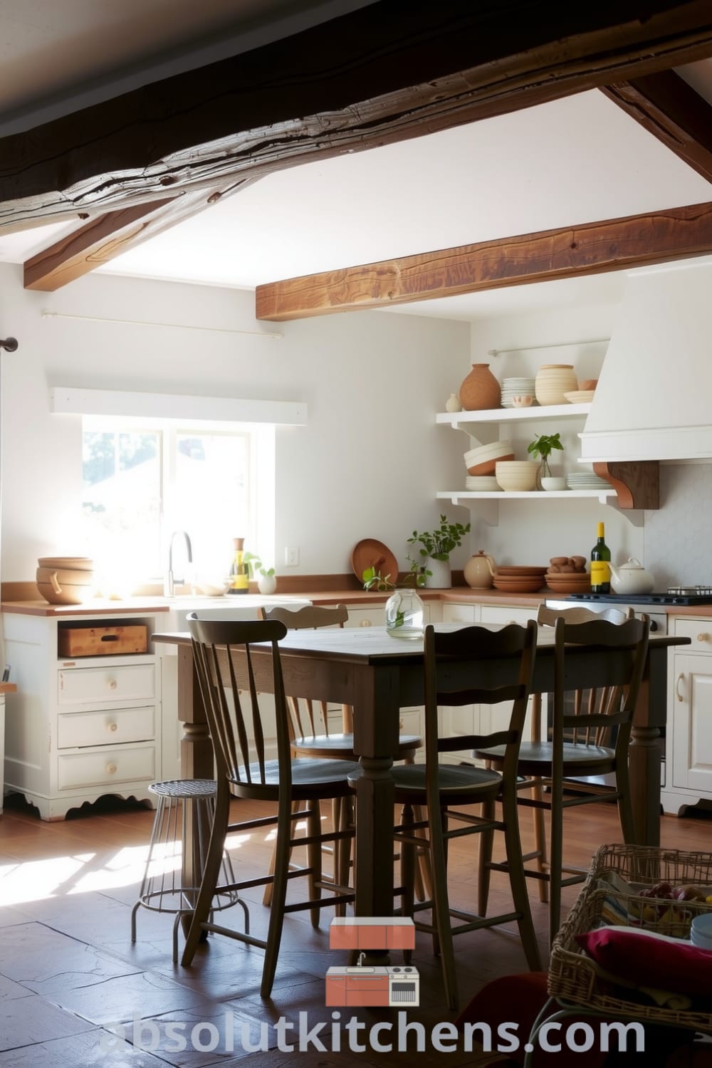 Cozy rustic kitchen with rough wooden beams, weathered countertops, ceramic dishes on open shelves, and a sturdy table surrounded by mismatched chairs, creating a warm and inviting atmosphere for family gatherings. Visit fireplacesandwoodstoves.com for inspiring decor ideas.