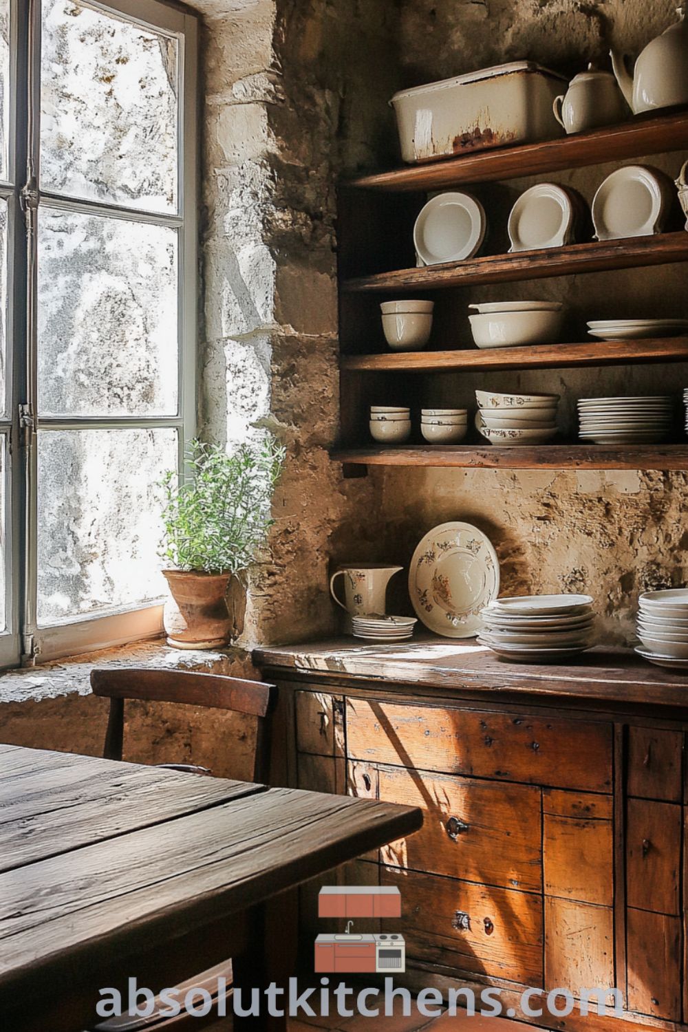 Vintage French Kitchen with warm sunlight, rustic wooden cabinetry, and cozy aesthetic on absolutkitchens.com featuring inspiring decor ideas for small spaces.
