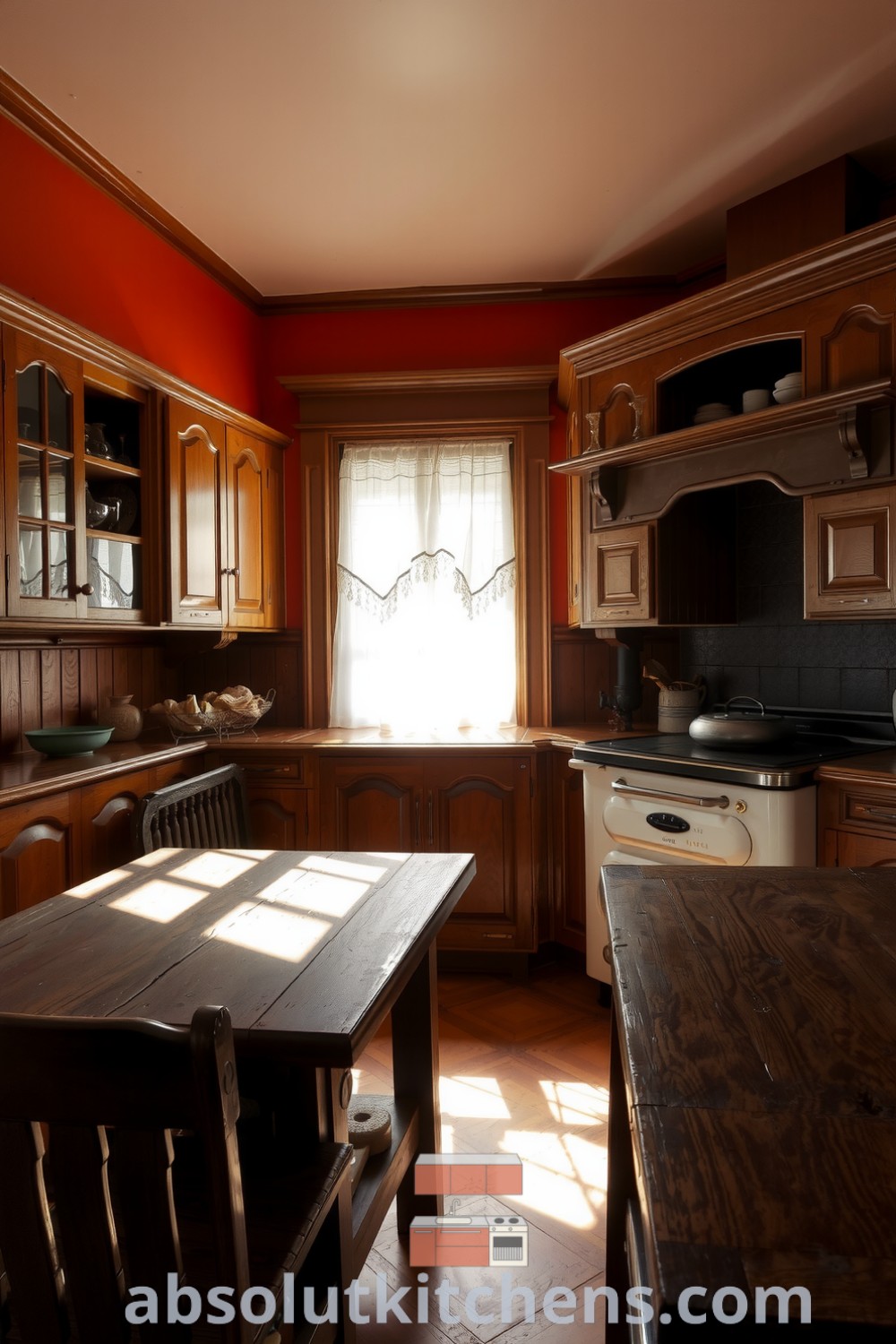Victorian kitchen with sunlight filtering through lace curtains, warm orange walls, intricate wood cabinets, an old cast iron stove, and a heavy wooden table, creating a cozy atmosphere perfect for family gatherings and culinary adventures. Visit absolutkitchens.com for inspiring decor ideas.
