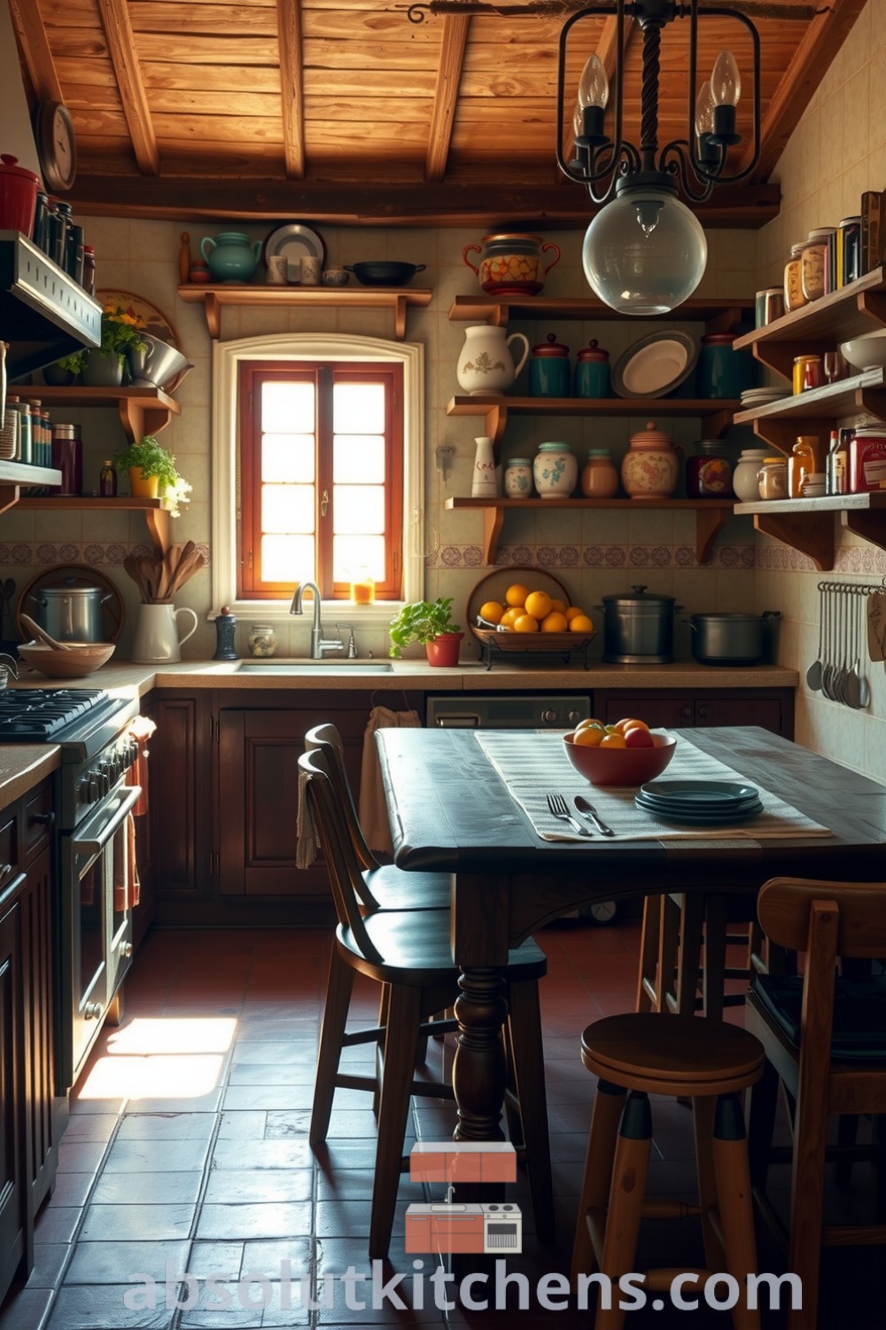 Cozy French kitchen with terracotta tiles, wooden table, colorful ceramic jars, and copper pots, exuding a warm ambiance with the aroma of herbs and garlic, showcasing unique ideas for your home at absolutkitchens.com.