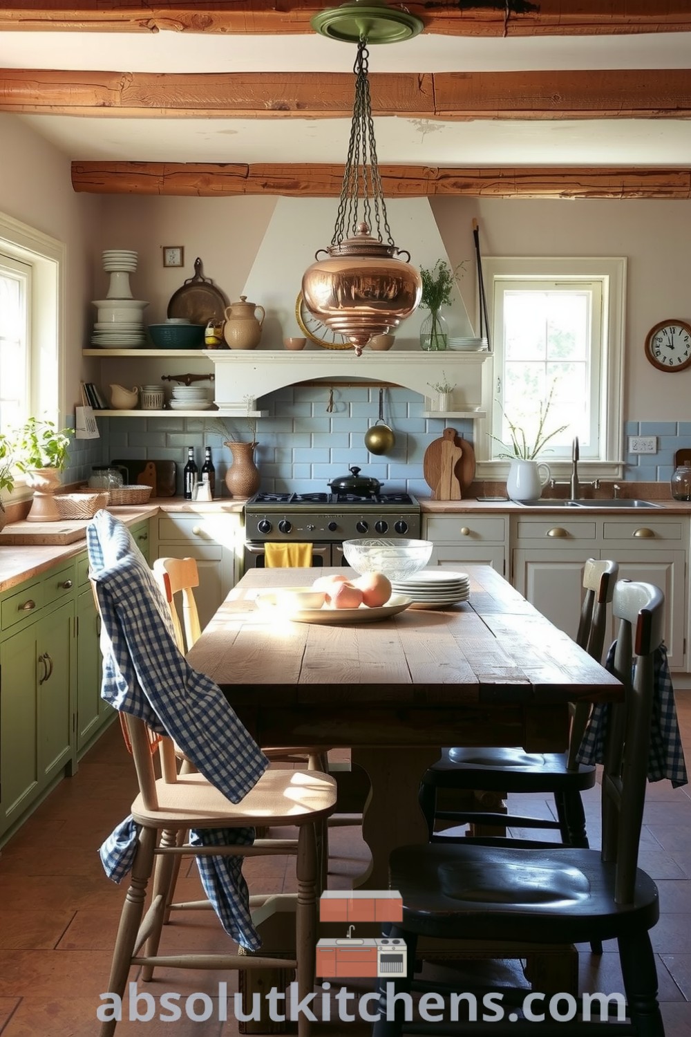 Cozy French kitchen with warm pastels, a wooden table surrounded by mismatched chairs, aged stone countertops, and hanging copper pots, creating an inviting and rustic culinary haven for your home, featured on absolutkitchens.com.