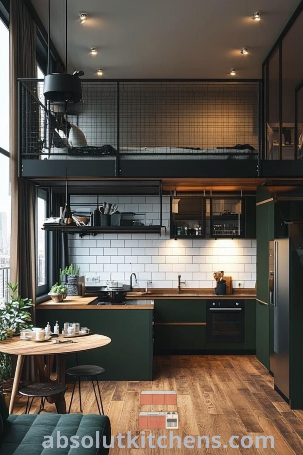 A cozy living room and kitchen area in a loft-style apartment with wooden floors, green walls, and black metal railings. This mini home design offers unique ideas for bachelor loft living and showcases inspiring decor inspirations for small apartment interiors at wellnesswink.com.