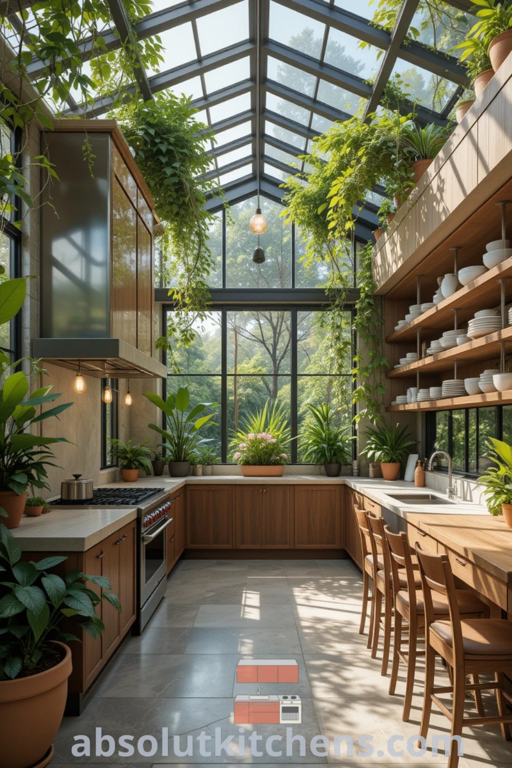 A vibrant solarium kitchen filled with potted plants, showcasing a cozy aesthetic and inspired design trends. This kitchen reflects a nature kitchen approach, offering decor ideas for small spaces while enhancing indoor air quality. Discover more unique home inspirations at absolutkitchens.com.