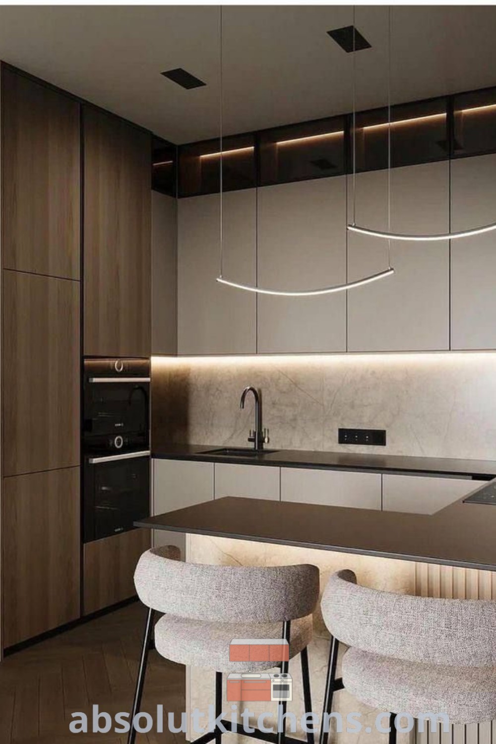 A chic minimalist kitchen featuring a modern beige interior with soft design elements that create a cozy atmosphere. This stylish space is perfect for beige kitchen inspiration and offers design ideas for a neutral home kitchen. Explore more decor inspirations at wellnesswink.com.