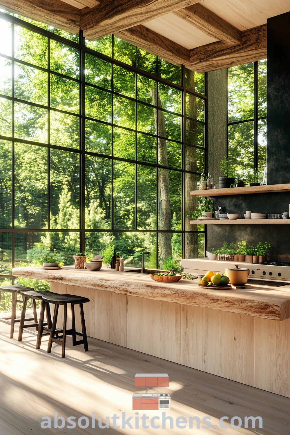 A bright and inviting open kitchen with large windows, wooden countertops, and a cozy farmhouse eclectic design. This space maximizes natural light and integrates indoor greenery, offering modern nature house interiors for house or apartment. Discover inspiring decor ideas and design trends at absolutkitchens.com.
