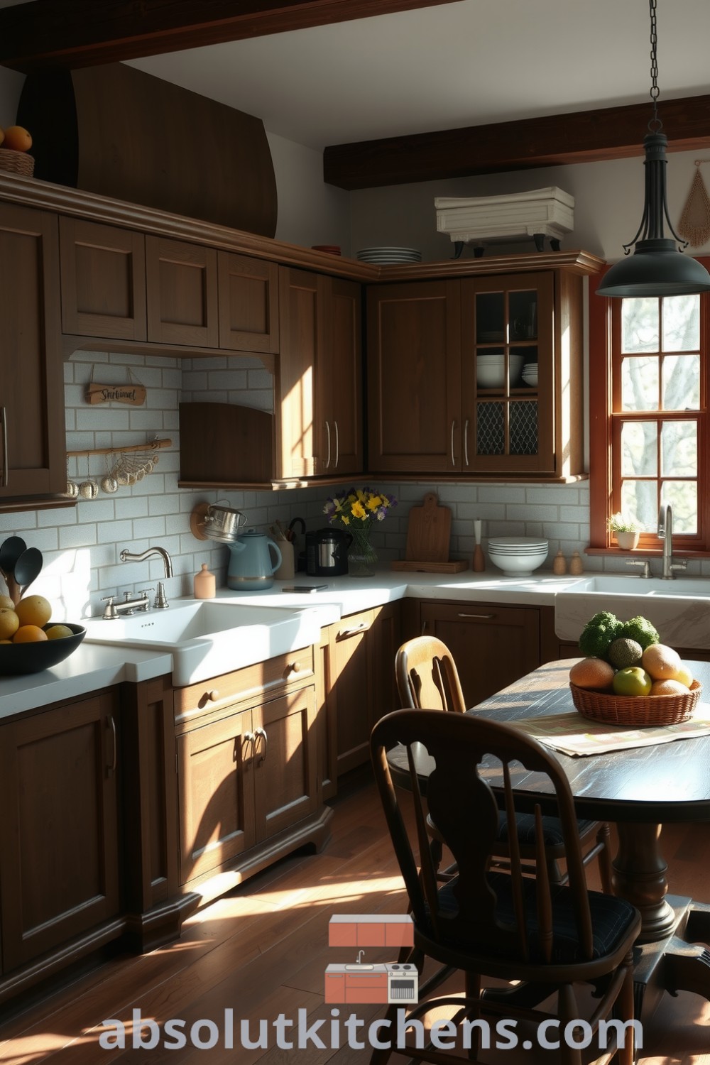 Cozy farmhouse kitchen featuring rich wooden cabinetry, sunlit stone countertops adorned with fresh produce, a robust dining table with mismatched chairs, capturing the warmth and rustic charm of home. Visit absolutkitchens.com for inspiring decor ideas.