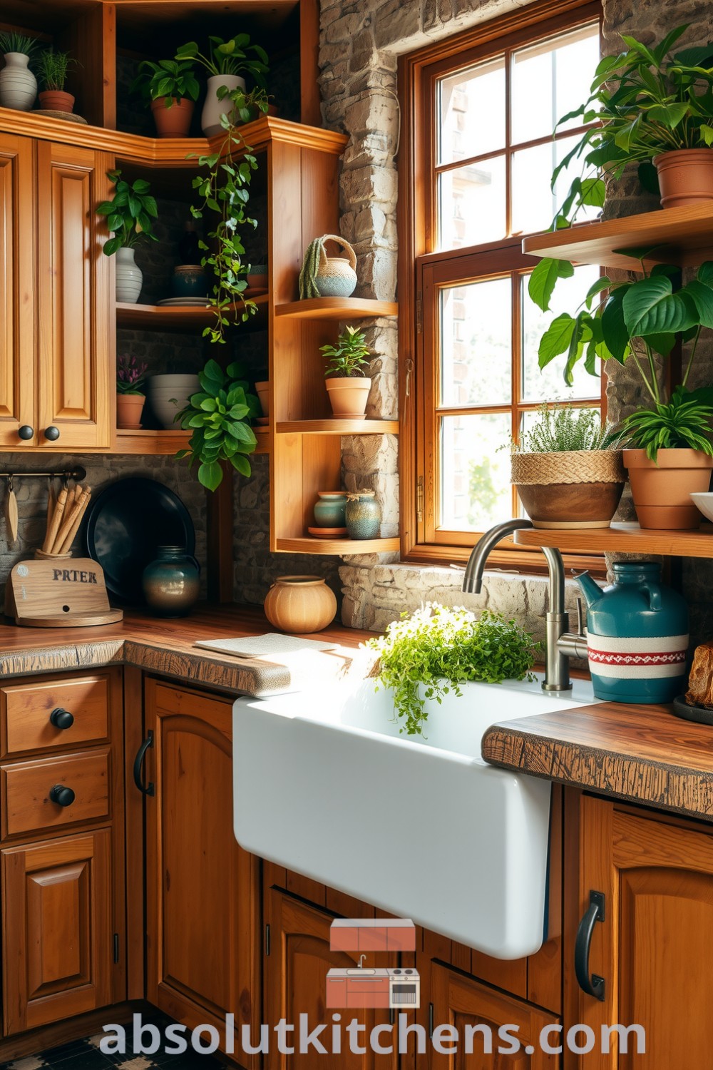 Cozy nature-inspired kitchen featuring warm wooden cabinetry, vibrant plants, earthy ceramics, textured stone walls, and a vintage farmhouse sink, perfect for those seeking design ideas and inspirations for creating a cozy home. Visit absolutkitchens.com for more inspiring decor ideas.