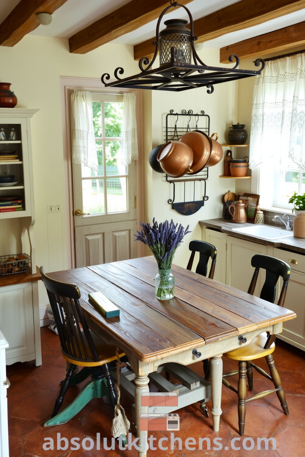Cozy French kitchen with cream walls, terracotta tiles, antique wooden table, mismatched chairs, and hanging copper pots, creating a warm and inviting atmosphere perfect for family gatherings. Visit absolutkitchens.com for unique decor ideas and inspirations for your home.