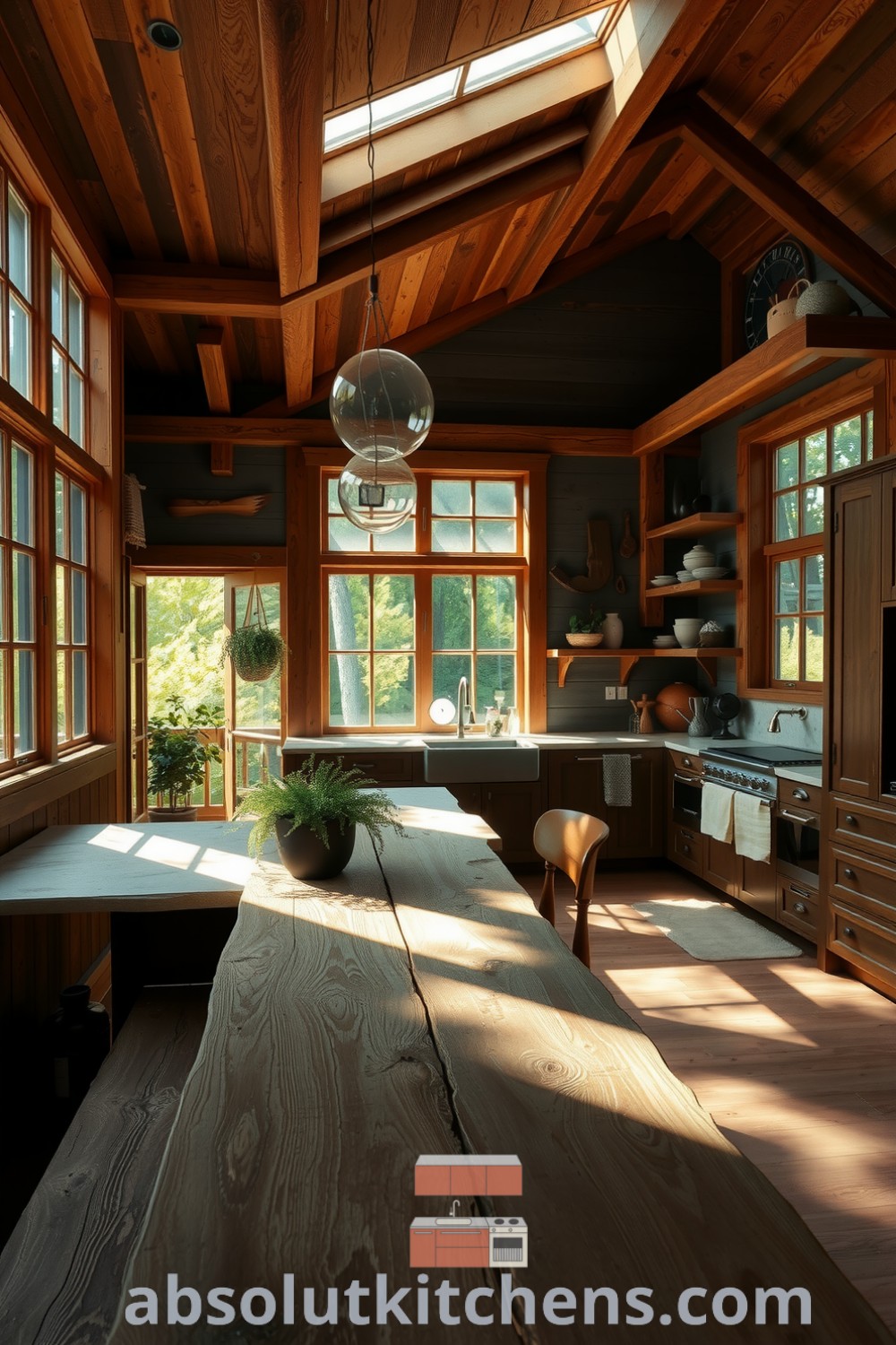 Cozy nature-inspired kitchen featuring reclaimed wood cabinetry, a mottled stone countertop, hanging plants, and a rustic dining table, creating a warm atmosphere perfect for family gatherings. Explore more ideas at absolutkitchens.com.
