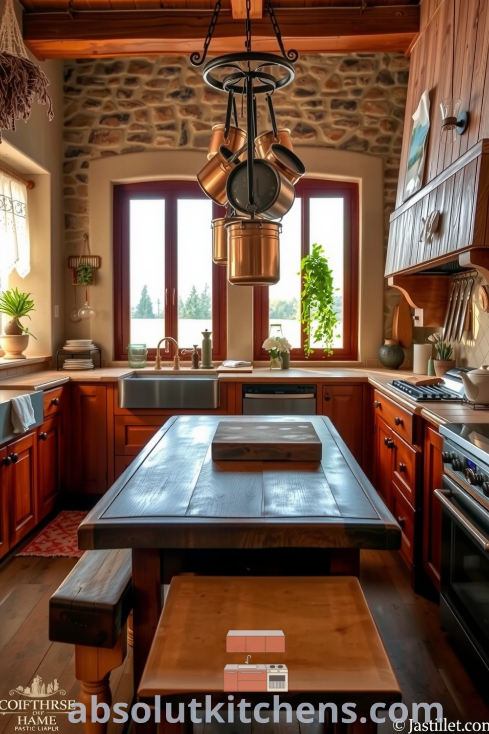 Cozy French kitchen with wooden cabinetry, a large farmhouse table, hanging herbs, and copper pots, creating a warm atmosphere reminiscent of rustic charm, showcasing design ideas for a cozy home at absolutkitchens.com.