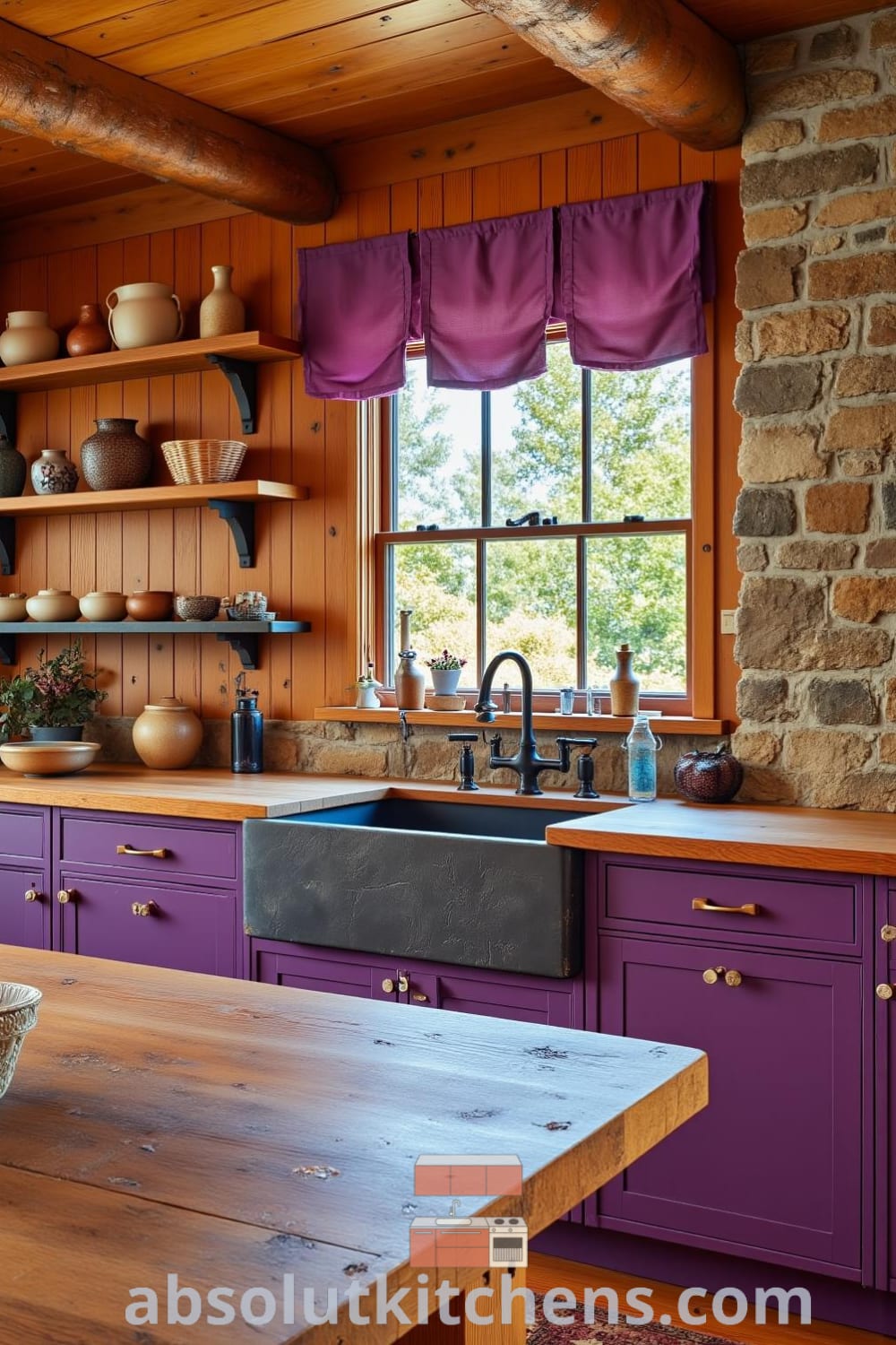 Rustic kitchen with deep purple accents, warm wood paneling, exposed stone walls, a farmhouse sink, and handcrafted pottery, inspiring cozy decor ideas for your home at fireplacesandwoodstoves.com.