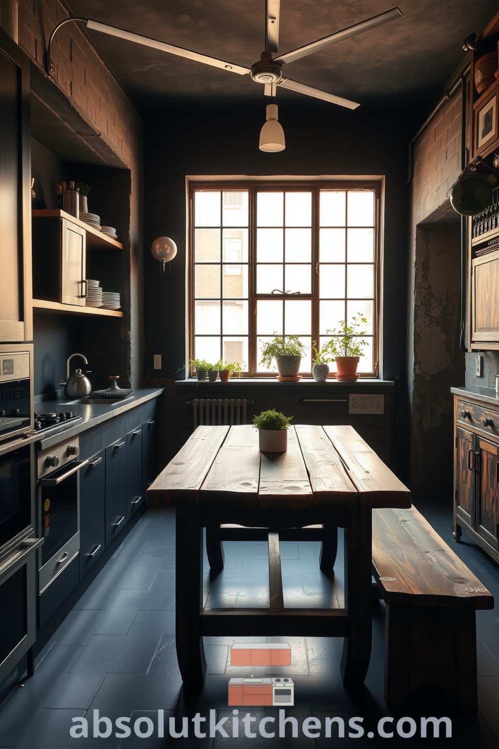 Loft kitchen with deep black walls, raw concrete accents, sleek metal cabinets, and rustic wooden countertops illuminated by natural light, showcasing cozy ideas for home decor and design inspirations from fireplacesandwoodstoves.com.
