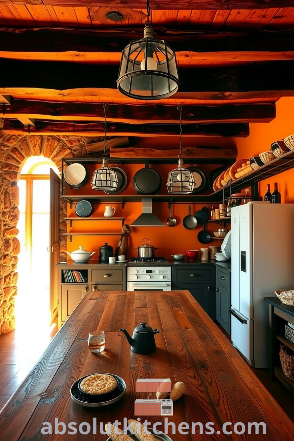Cozy rustic kitchen with stone walls, wooden beams, vintage lighting, and a large dining table, featuring decor ideas that inspire warmth and togetherness for your home. Visit absolutkitchens.com for more design ideas.