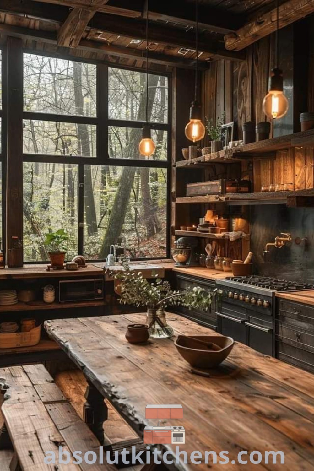 A rustic kitchen with a wooden table and benches showcasing elements of a cozy cabin aesthetic. This inviting space highlights design tips and decor ideas for small spaces, perfect for small guest cabins and moody kitchens. Discover more inspiring ideas at absolutkitchens.com.