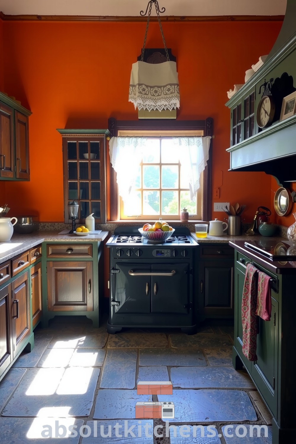 Cozy Victorian kitchen featuring warm orange walls, rustic wooden cabinetry, a granite-topped island, and an antique cast-iron stove, creating an inviting atmosphere with a bowl of fresh fruits and delicate lace curtains. Visit absolutkitchens.com for unique ideas and decor inspirations for your home.
