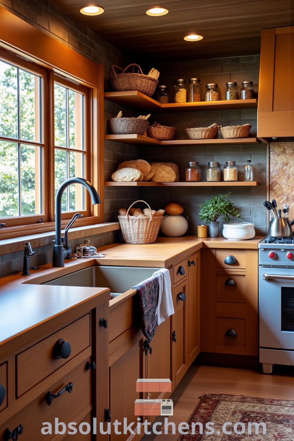 Cozy rustic kitchen showcasing wooden cabinets, an apron sink, and a sturdy table, illuminated by sunlight and adorned with jars of spices, creating a warm, inviting atmosphere ideal for gatherings. Visit fireplacesandwoodstoves.com for inspiring decor ideas.