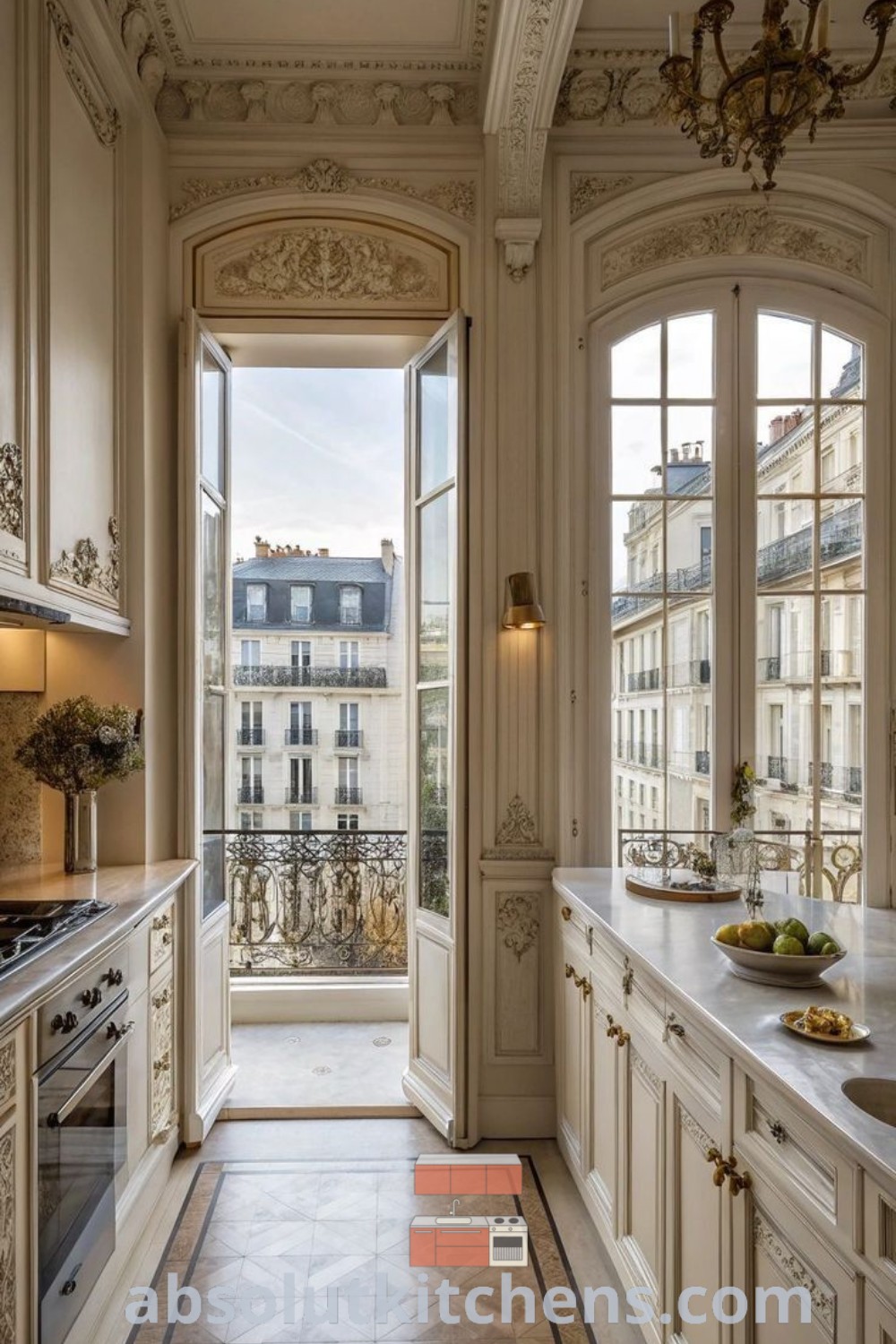 An ornate kitchen with white cabinets, marble countertops, and large windows overlooking the city, exemplifying modern France interior design and French apartment aesthetic. This French style kitchen design offers functional beauty and decor ideas for small spaces, perfect for house or apartment inspiration at absolutkitchens.com.