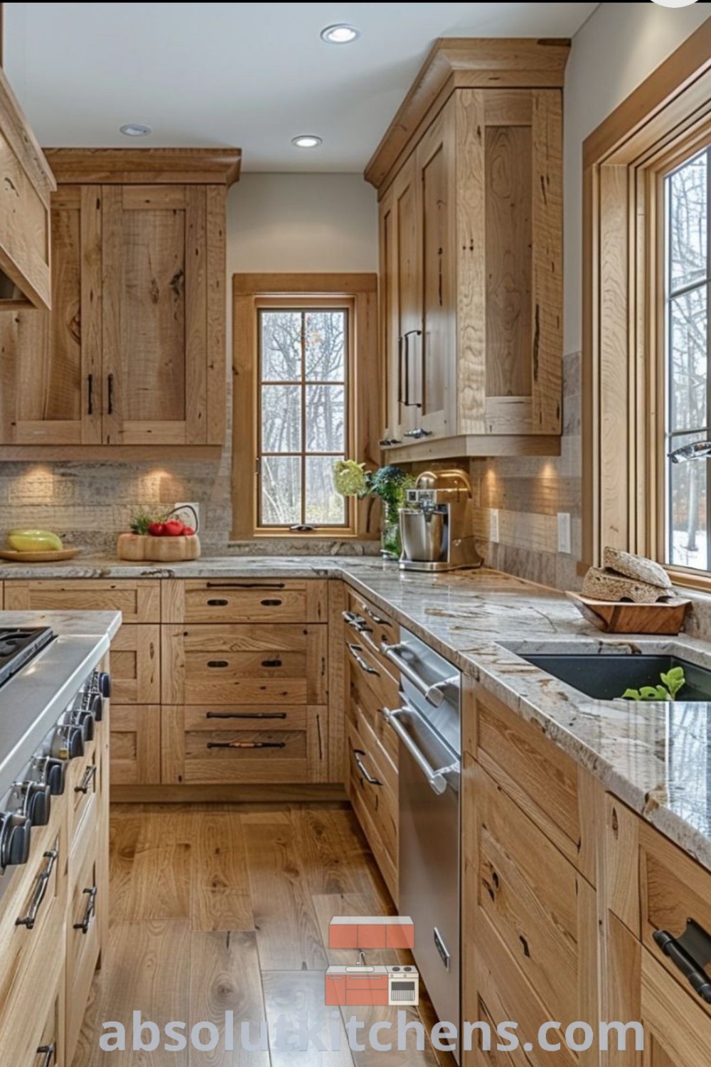 A cozy rustic Alder kitchen filled with wooden cabinets, ample counter space, and a stove top oven, showcasing design trends and decor ideas for small spaces. Perfect for those seeking inviting kitchen aesthetics, this design integrates hickory and pine kitchen cabinets. Discover more inspiring kitchen designs at absolutkitchens.com.
