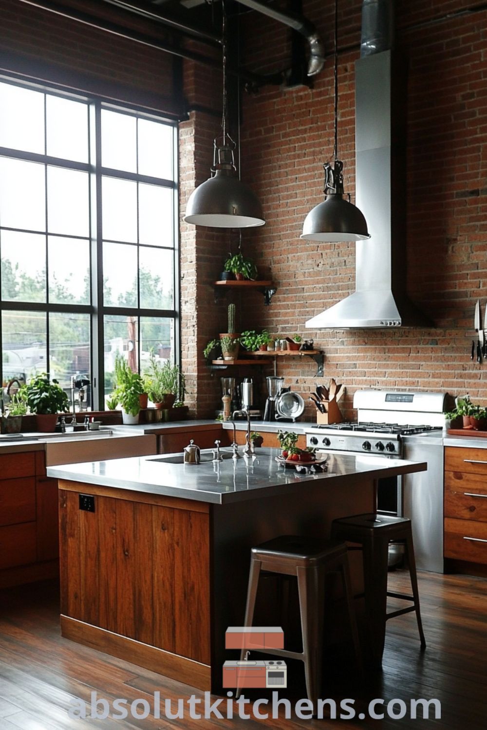 Cozy loft kitchen design featuring exposed brick walls, large windows, and rich textures on absolutkitchens.com. Explore ideas you need to see, design tips, and decor ideas for small spaces.