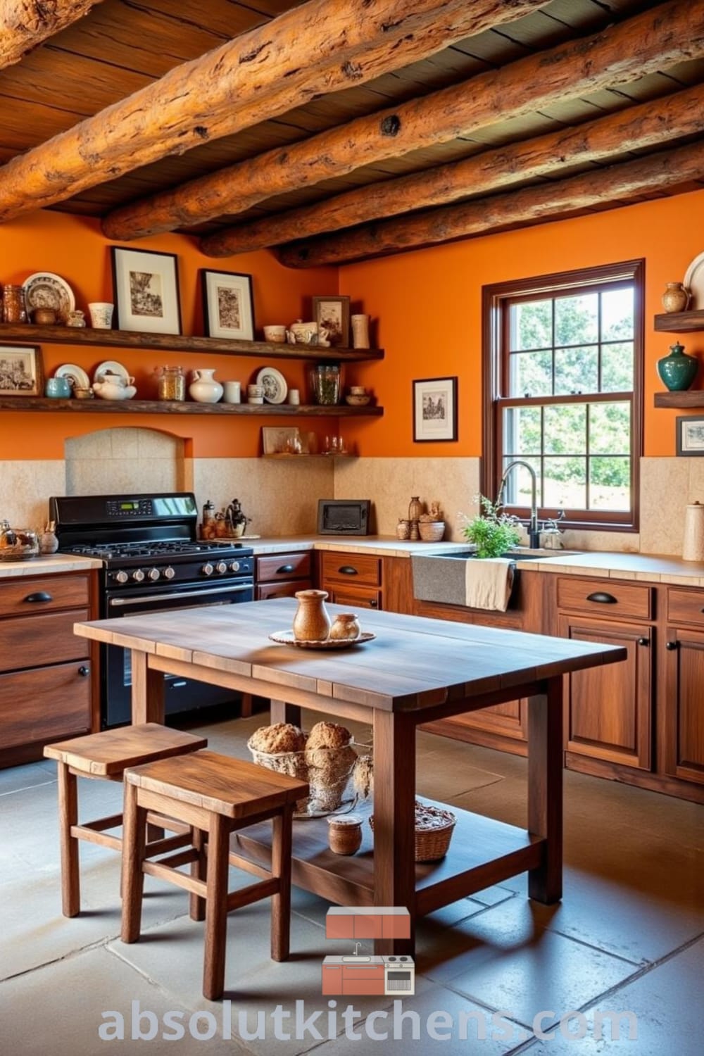 Rustic kitchen featuring warm orange walls, a weathered farmhouse table, open shelves with ceramic plates and mason jars, and sunlight filtering through a window, creating a cozy home atmosphere ideal for family gatherings, with unique ideas for decor and inspiring design elements. Visit fireplacesandwoodstoves.com for more cozy ideas.
