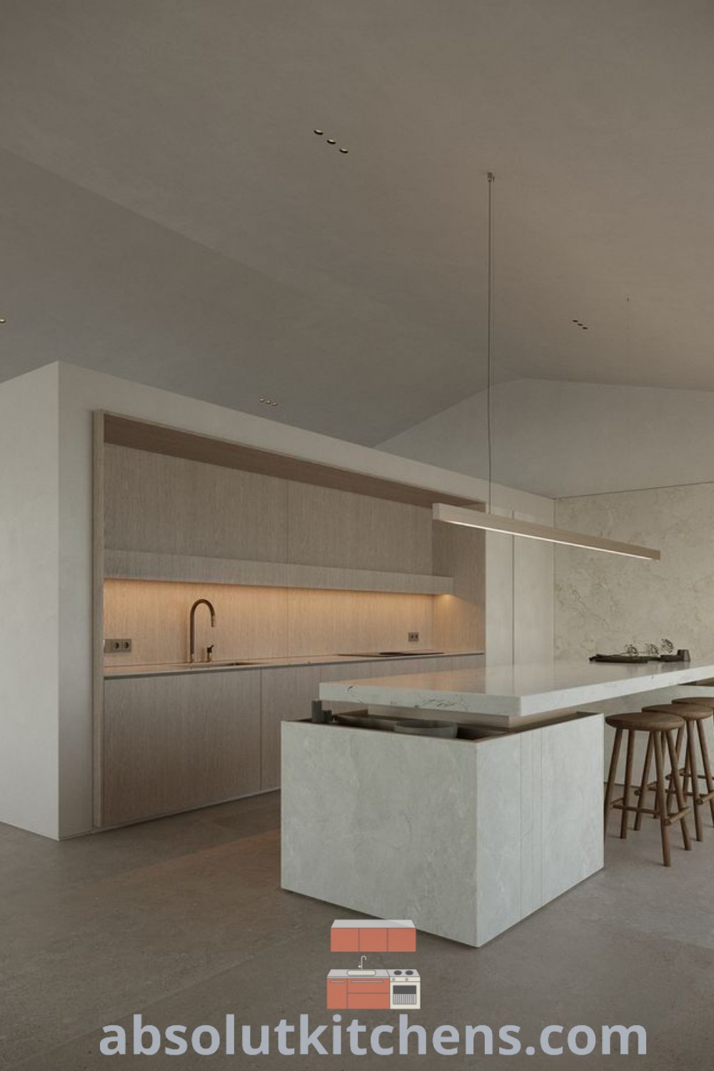 A minimalist kitchen design with an open layout adjoining a cozy living room area, showcasing dream house interior aesthetics. The decor emphasizes minimalist interior design principles, providing unique ideas for creating an inspiring and tranquil home environment. Discover more decor inspirations at wellnesswink.com.