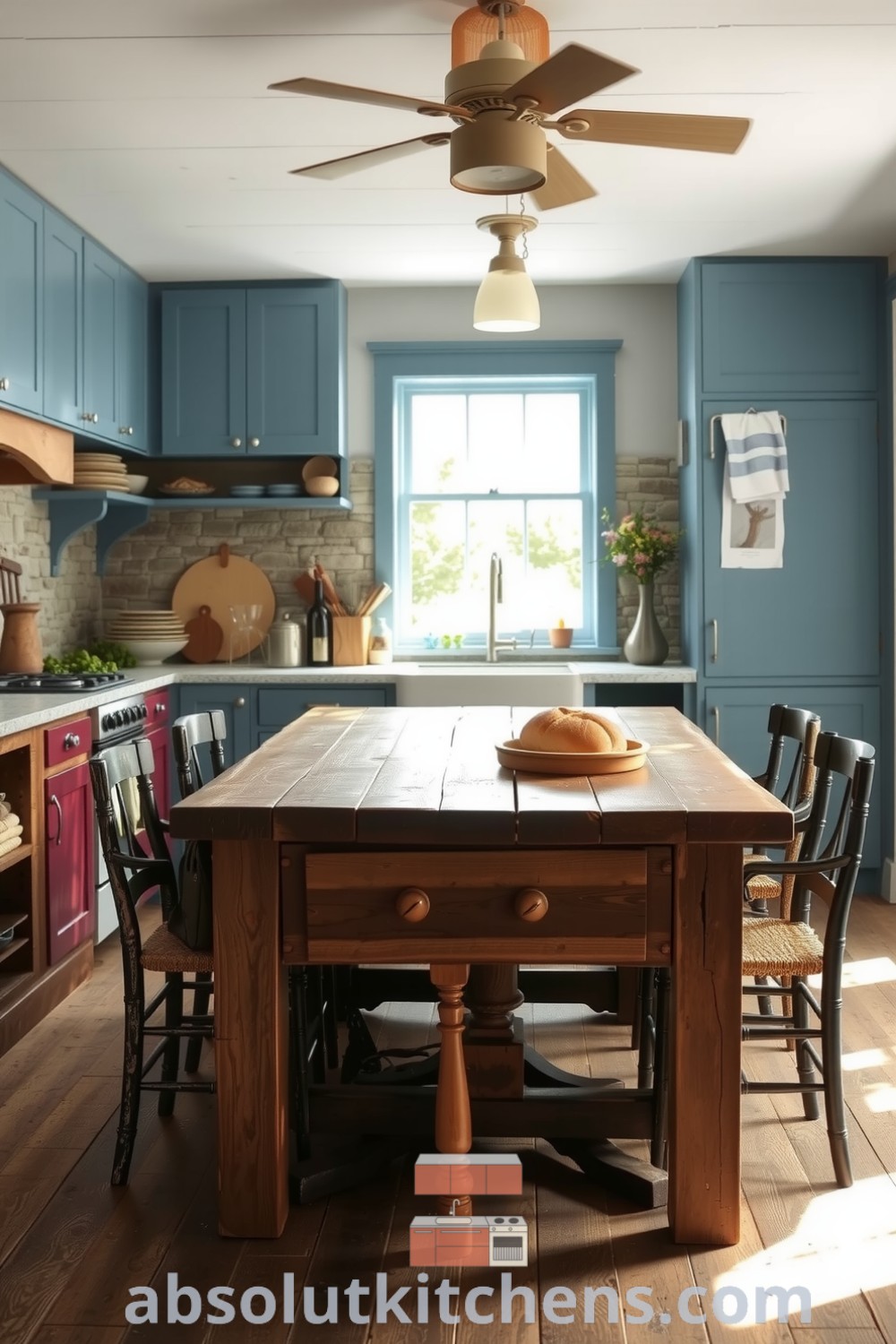 Cozy rustic kitchen with soft blue walls, reclaimed wooden cabinets, weathered stone backsplash, and a farmhouse table surrounded by mismatched chairs, creating an inviting atmosphere filled with the scent of baking bread. Visit absolutkitchens.com for inspiring decor ideas.