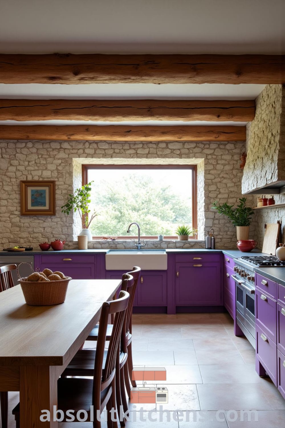 Rustic kitchen with soft purple tones, textured stone walls, a farmhouse sink, and a sturdy dining table surrounded by mismatched chairs, creating an inviting atmosphere for family gatherings. Visit fireplacesandwoodstoves.com for cozy decor ideas and inspirations for your home.