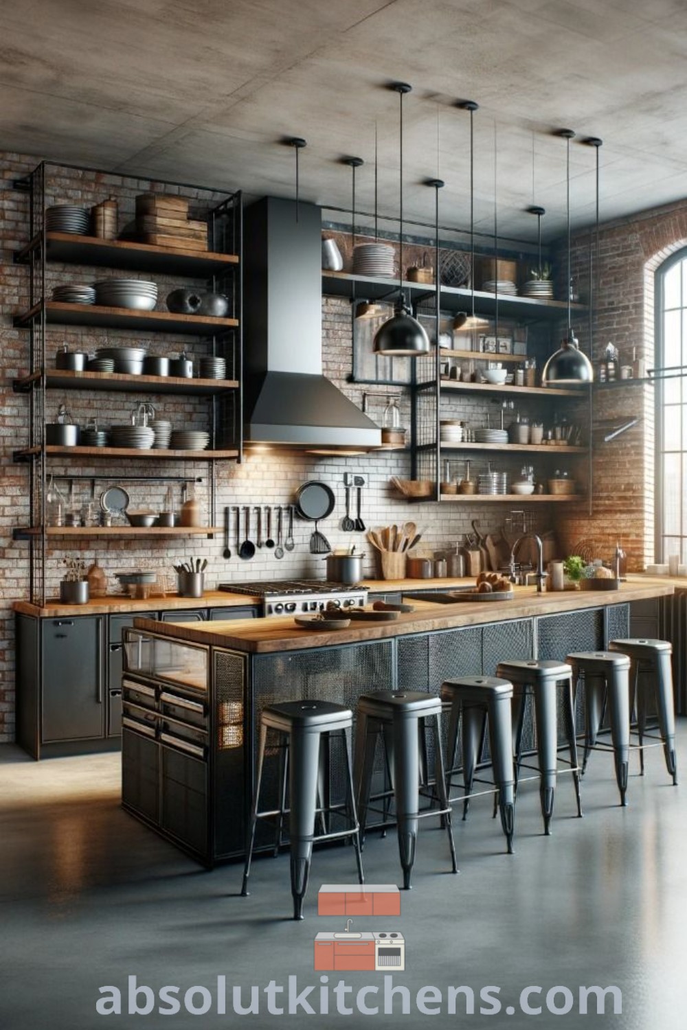 An industrial style kitchen featuring spacious countertops and metal stools in front of the island, showcasing a luxurious industrial look with rustic elements. The cozy decor inspires unique ideas for your home and combines functionality with aesthetic appeal. Discover more design inspirations at wellnesswink.com.