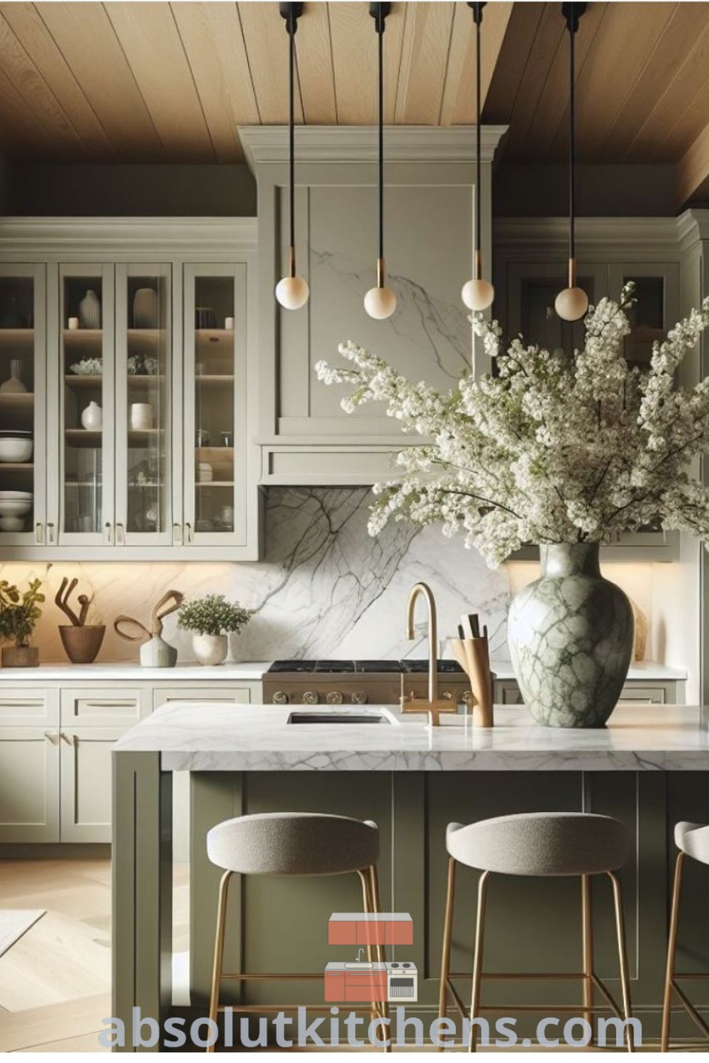 A modern French country kitchen showcasing marble countertops, white cabinets, and wooden ceiling stools, blending functionality with a cozy aesthetic. This kitchen design offers inspiring decor ideas, ideal for both house and apartment settings. Explore more stylish kitchen designs at absolutkitchens.com.