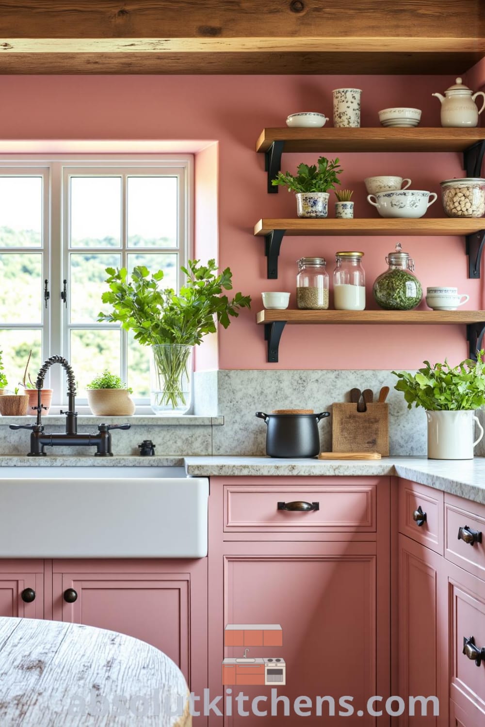 Rustic kitchen design featuring soft pink walls, wooden beams, a farmhouse sink, and shelves filled with mismatched crockery and herbs, creating a warm and inviting atmosphere for meal gatherings. Discover cozy home ideas at fireplacesandwoodstoves.com.