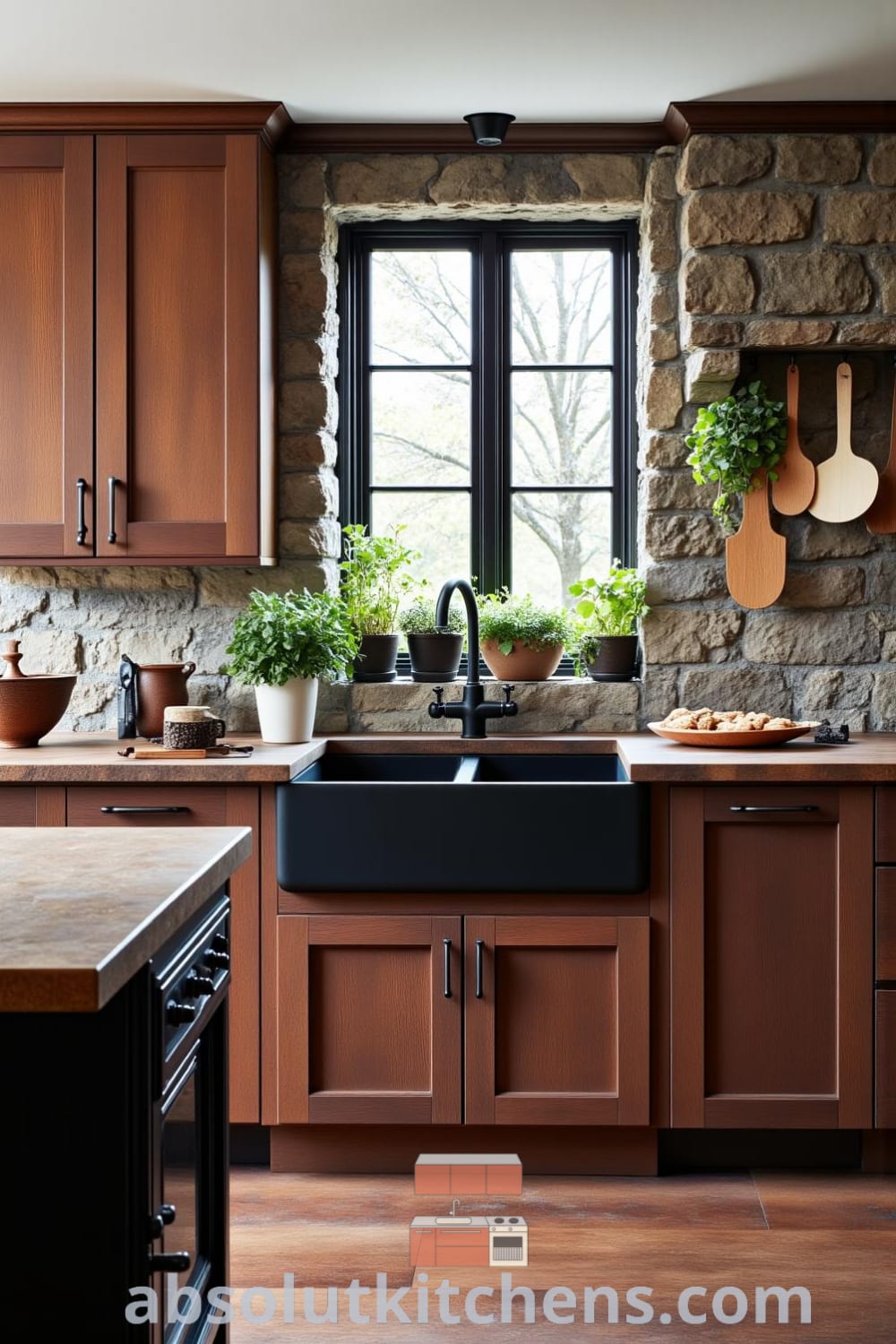Rustic kitchen with warm wooden cabinetry and black accents, featuring a farmhouse sink, herbs in pots, textured stone walls, and vintage utensils, all contributing to a cozy atmosphere filled with the scent of baked bread, ideal for home inspiration. Visit fireplacesandwoodstoves.com for more decor ideas.
