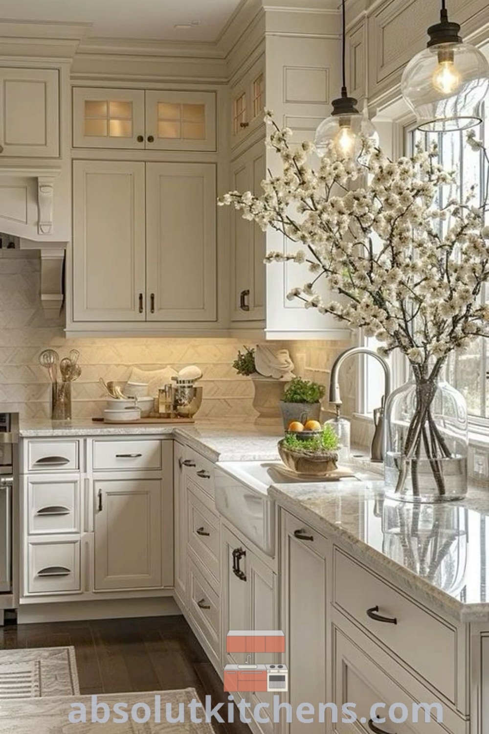 A large classical white kitchen featuring elegant cabinets, beautiful marble countertops, and an area rug on the floor, exemplifying wealth and modern French kitchen design. This image provides inspiring decor ideas for a classy kitchen, perfect for house or apartment aesthetics. Discover more design tips at absolutkitchens.com.