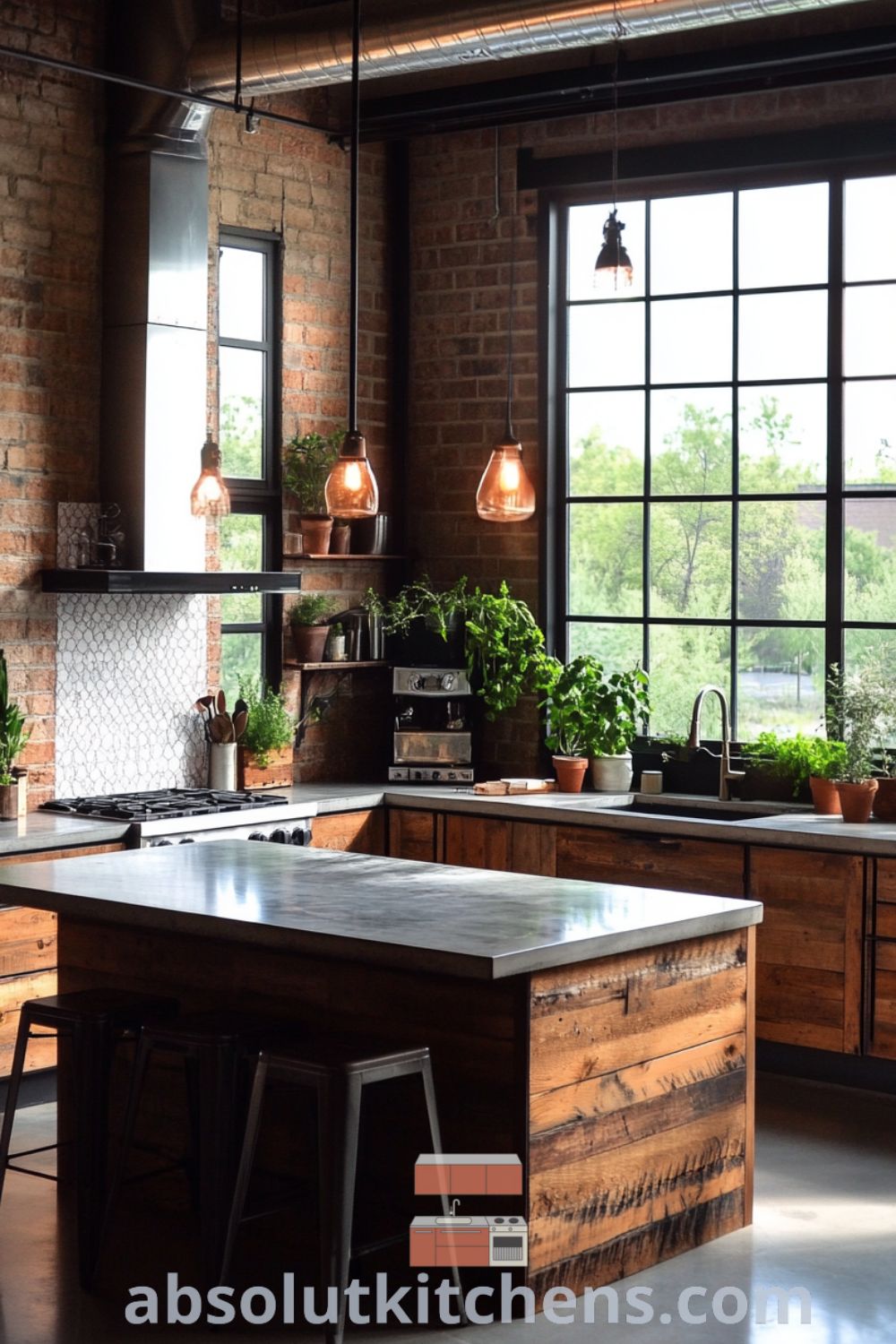 Bright urban loft kitchen showcasing reclaimed wood cabinets and polished concrete countertops on absolutkitchens.com, with cozy aesthetic, loft kitchen design, and modern loft inspiration.