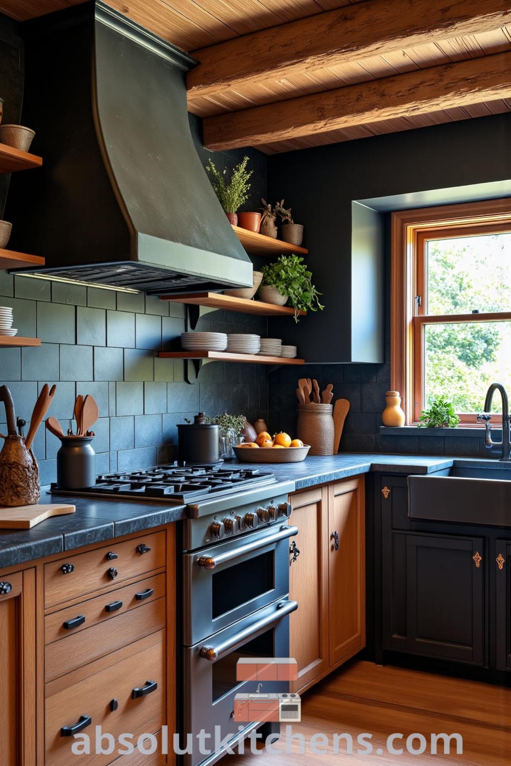 Cozy rustic kitchen featuring black wood beams, a weathered countertop, vintage wooden cabinets displaying rustic dishes, and a bright window allowing natural light, creating an inviting atmosphere perfect for gatherings and culinary creativity, with cozy home design ideas from fireplacesandwoodstoves.com.