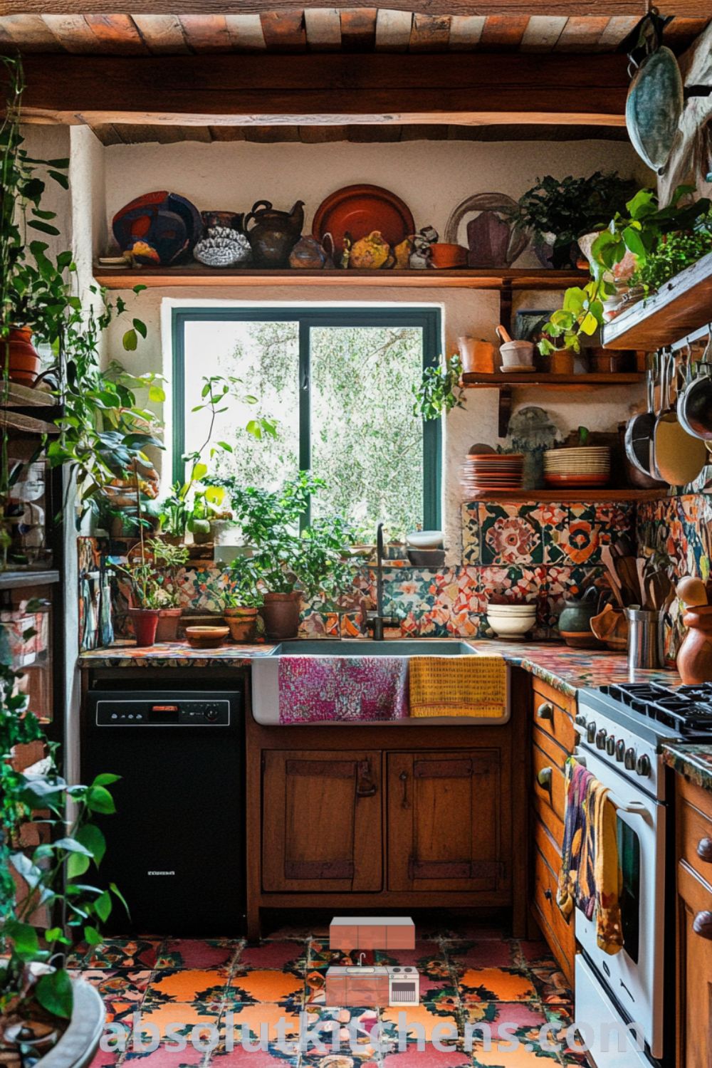 Bohemian Kitchen scene on absolutkitchens.com featuring rustic cabinets, colorful textiles, and cozy kitchen decor ideas that inspire a small kitchen remodel.