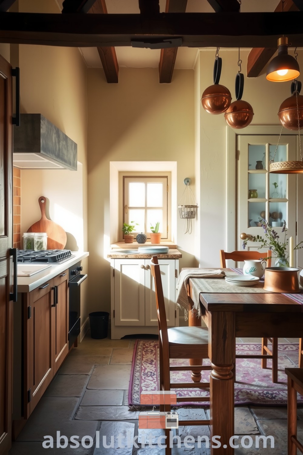 Cozy French kitchen with soft cream walls, weathered oak cabinetry, rustic stone floor, large wooden dining table, and jars of herbs on the windowsill, showcasing a warm and inviting atmosphere suitable for family gatherings and inspiring decor ideas for your home at absolutkitchens.com.