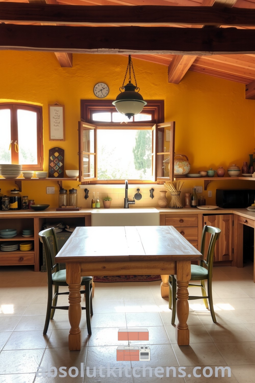 Cozy rustic kitchen featuring sunlit plaster walls, a reclaimed wood table, mismatched chairs, and shelves filled with glass jars, embodying the warmth and inviting atmosphere of a cozy home from absolutkitchens.com.