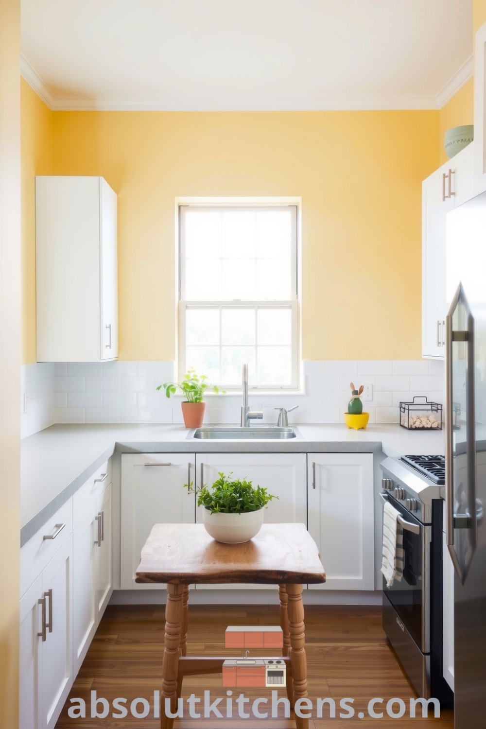 Minimalist kitchen with soft yellow walls, white cabinetry, and concrete countertops, featuring stainless steel appliances and a rustic wooden table, alongside potted herbs, offering cozy ideas and design inspirations for your home, from fireplacesandwoodstoves.com.