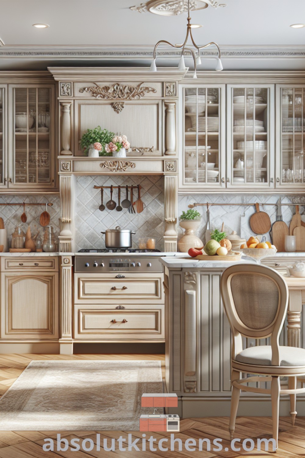 A modern kitchen decorated in the French style with marble countertops, hardwood flooring in a honey tone, and stainless steel appliances. It features a central island with fresh fruit, traditional elements like a hanging pot rack, and an antique wooden breakfast table. Explore more ideas for cozy and elegant European kitchens at absolutkitchens.com.