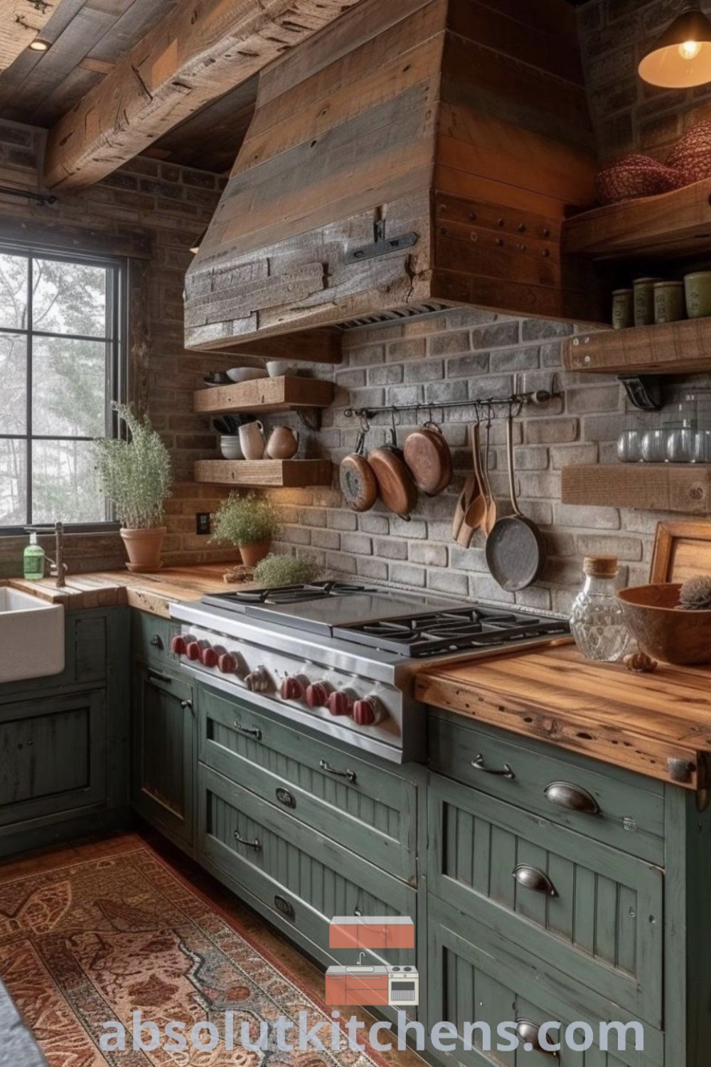 A rustic kitchen showcasing green cabinets, wooden shelves, and an oven hood over the stove, creating a cozy and inviting atmosphere. This kitchen is perfect for anyone seeking rustic kitchen backsplash ideas with cream colored cabinets and charming farmhouse decor. For more inspiring decor ideas for small spaces, visit absolutkitchens.com.