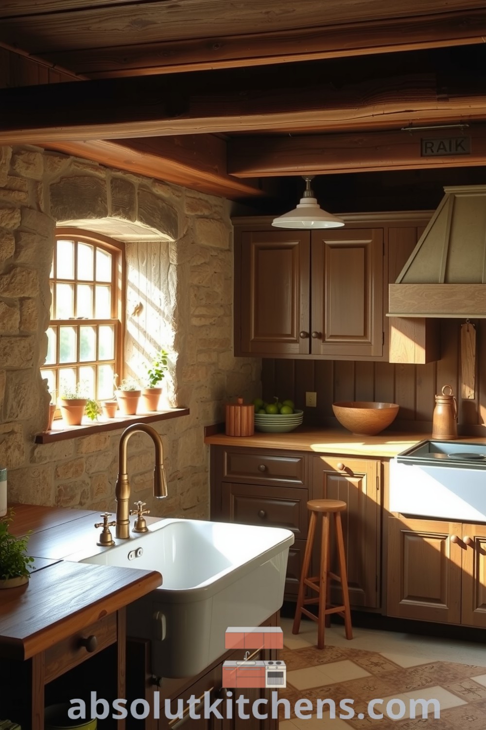 Cozy rustic kitchen with wooden beams, stone walls, wooden cabinetry, and a large farmhouse sink, enhanced by potted herbs on the windowsill, showcasing warm and inviting design ideas for a cozy home at absolutkitchens.com.