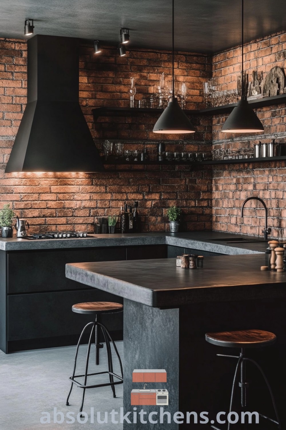 An industrial kitchen showcasing exposed brick walls and black countertops, featuring cozy bar stools in front of the island. This dark industrial kitchen design blends functionality with aesthetic appeal, offering unique ideas for your home. Explore more inspiring decor ideas at wellnesswink.com.