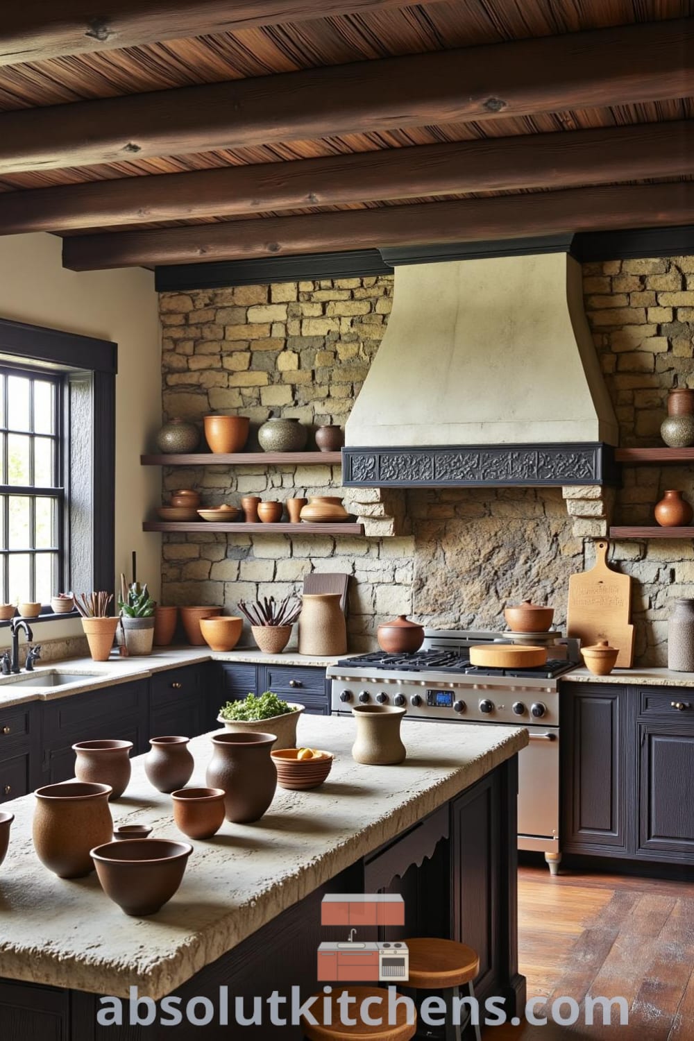 Rustic kitchen featuring dark wooden beams, wrought iron fixtures, a stone hearth, and hand-thrown pottery, with sunlight filtering through a mullioned window, creating a cozy atmosphere perfect for home-cooked meals. Ideas for your home can be found at fireplacesandwoodstoves.com.