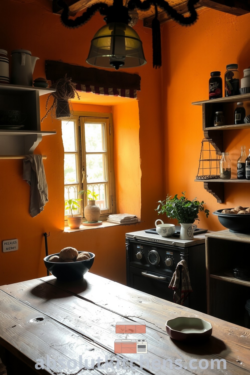 Cozy farmhouse kitchen with warm orange plaster walls, a weathered wooden table, fresh produce in a ceramic bowl, and herbs on the windowsill, creating a comforting and lived-in ambiance. Visit absolutkitchens.com for inspiring decor ideas.
