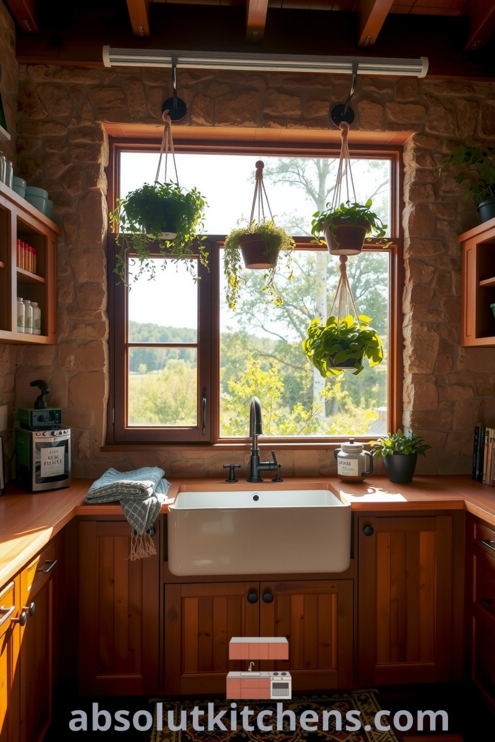 Cozy nature-inspired kitchen with sunlight filtering through large windows, earthy stone walls, reclaimed wood cabinets, and a deep farmhouse sink overlooking a vibrant garden, featuring hanging pots of fresh herbs, offering design ideas and inspirations for a cozy home at absolutkitchens.com.